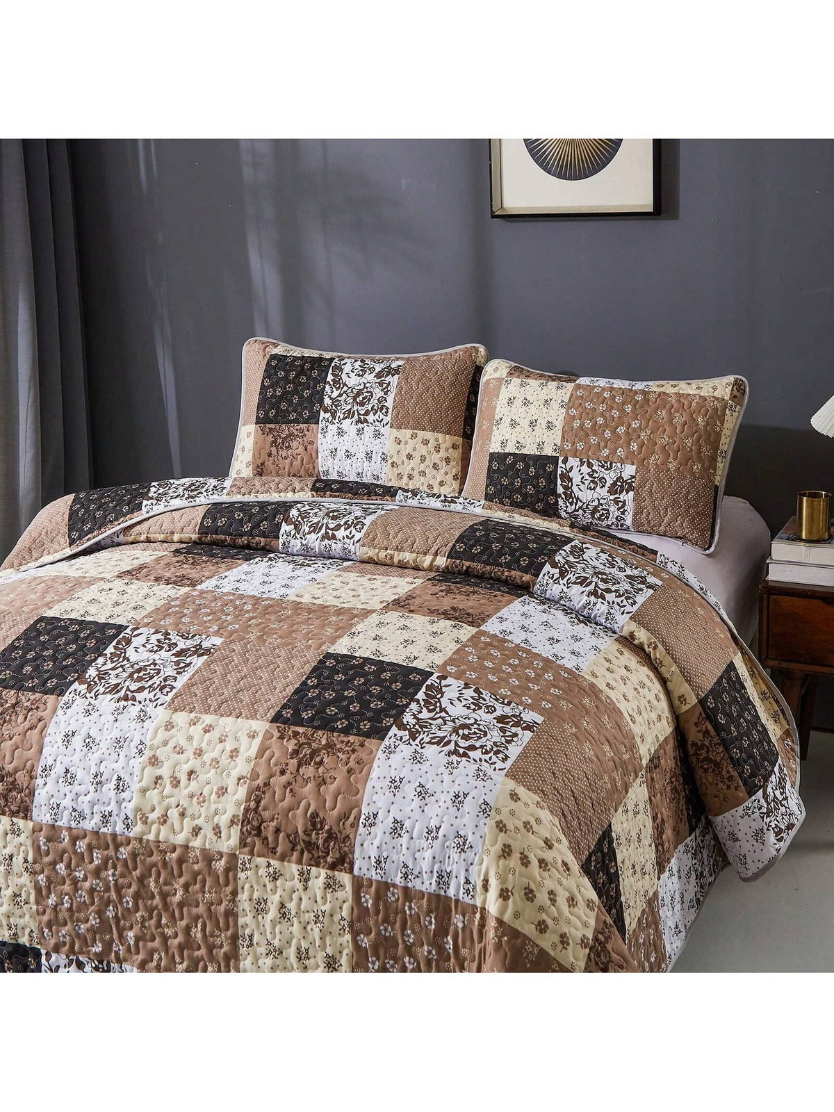 3 Pieces Floral Plaid Khaki Queen King California King Size Reversible Bedspread Coverlet Set,Soft Microfiber Bedding Set Pillowcase Fall Autumn Summer Use For Wedding Items, Halloween Day Home Bed Ro