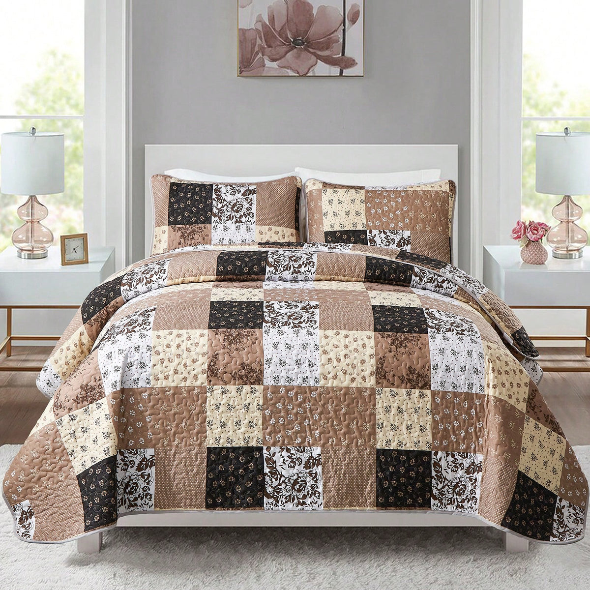 3 Pieces Floral Plaid Khaki Queen King California King Size Reversible Bedspread Coverlet Set,Soft Microfiber Bedding Set Pillowcase Fall Autumn Summer Use For Wedding Items, Halloween Day Home Bed Ro