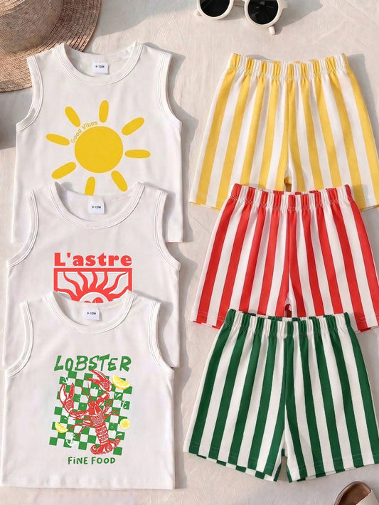 3 Sets Baby Boy Street Vacation Fashion Lobster Print Letter Tank Top With Striped Shorts, Red Sun Print Letter Tank Top With Striped Shorts, And Yellow Sun Print Letter Tank Top With Striped Shorts C