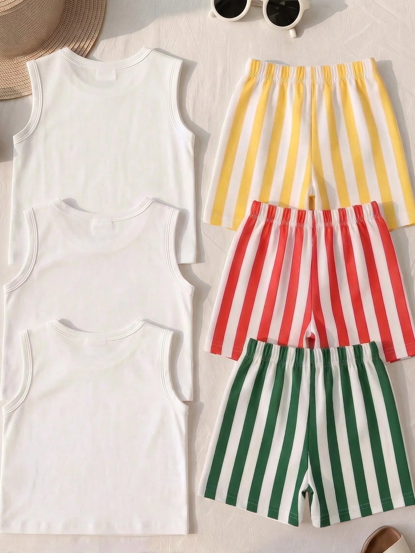 3 Sets Baby Boy Street Vacation Fashion Lobster Print Letter Tank Top With Striped Shorts, Red Sun Print Letter Tank Top With Striped Shorts, And Yellow Sun Print Letter Tank Top With Striped Shorts C