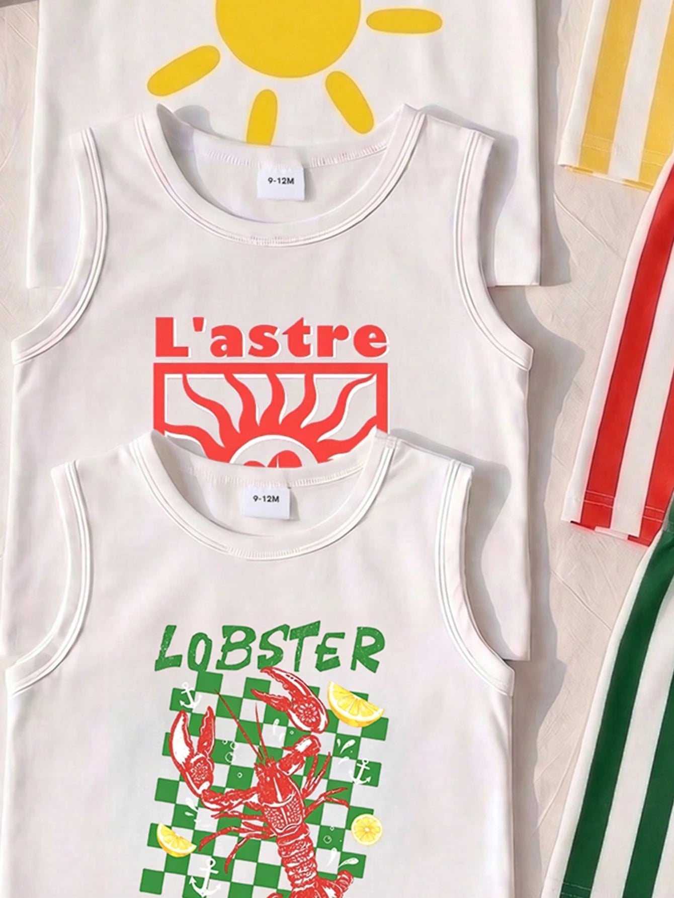 3 Sets Baby Boy Street Vacation Fashion Lobster Print Letter Tank Top With Striped Shorts, Red Sun Print Letter Tank Top With Striped Shorts, And Yellow Sun Print Letter Tank Top With Striped Shorts C