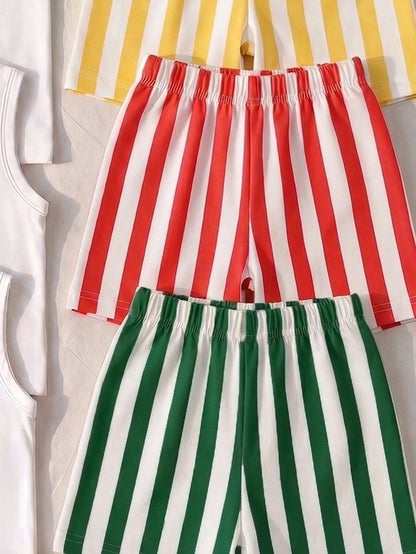 3 Sets Baby Boy Street Vacation Fashion Lobster Print Letter Tank Top With Striped Shorts, Red Sun Print Letter Tank Top With Striped Shorts, And Yellow Sun Print Letter Tank Top With Striped Shorts C