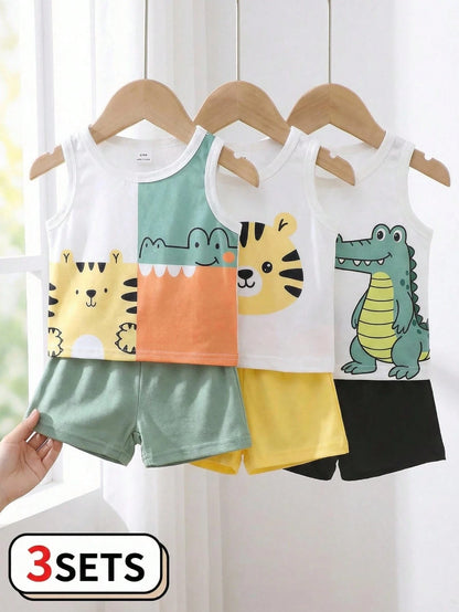 3 Sets Baby Boy Street Vacation Fashion Lobster Print Letter Tank Top With Striped Shorts, Red Sun Print Letter Tank Top With Striped Shorts, And Yellow Sun Print Letter Tank Top With Striped Shorts C