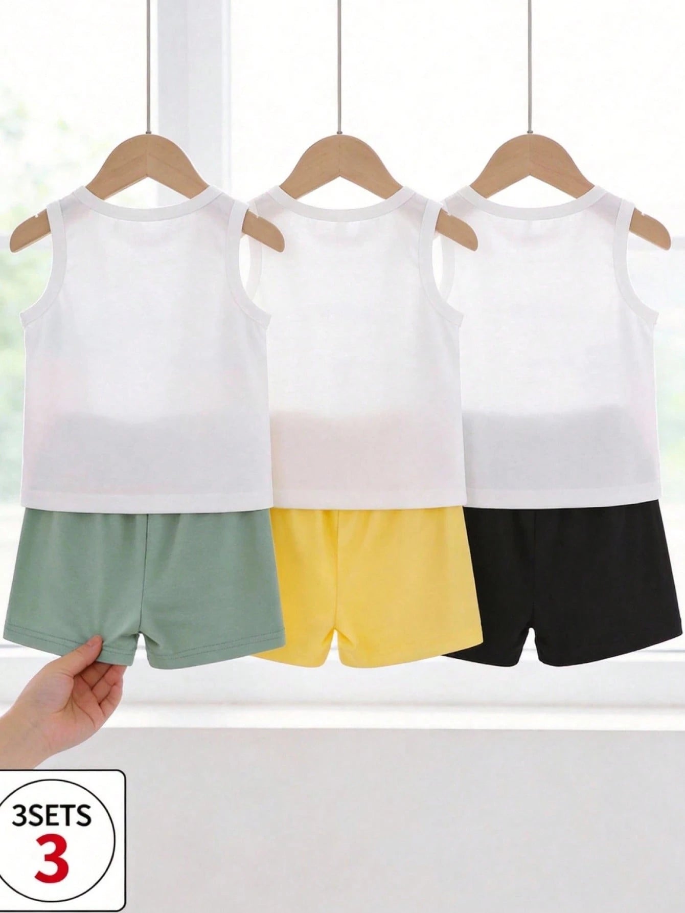 3 Sets Baby Boy Street Vacation Fashion Lobster Print Letter Tank Top With Striped Shorts, Red Sun Print Letter Tank Top With Striped Shorts, And Yellow Sun Print Letter Tank Top With Striped Shorts C