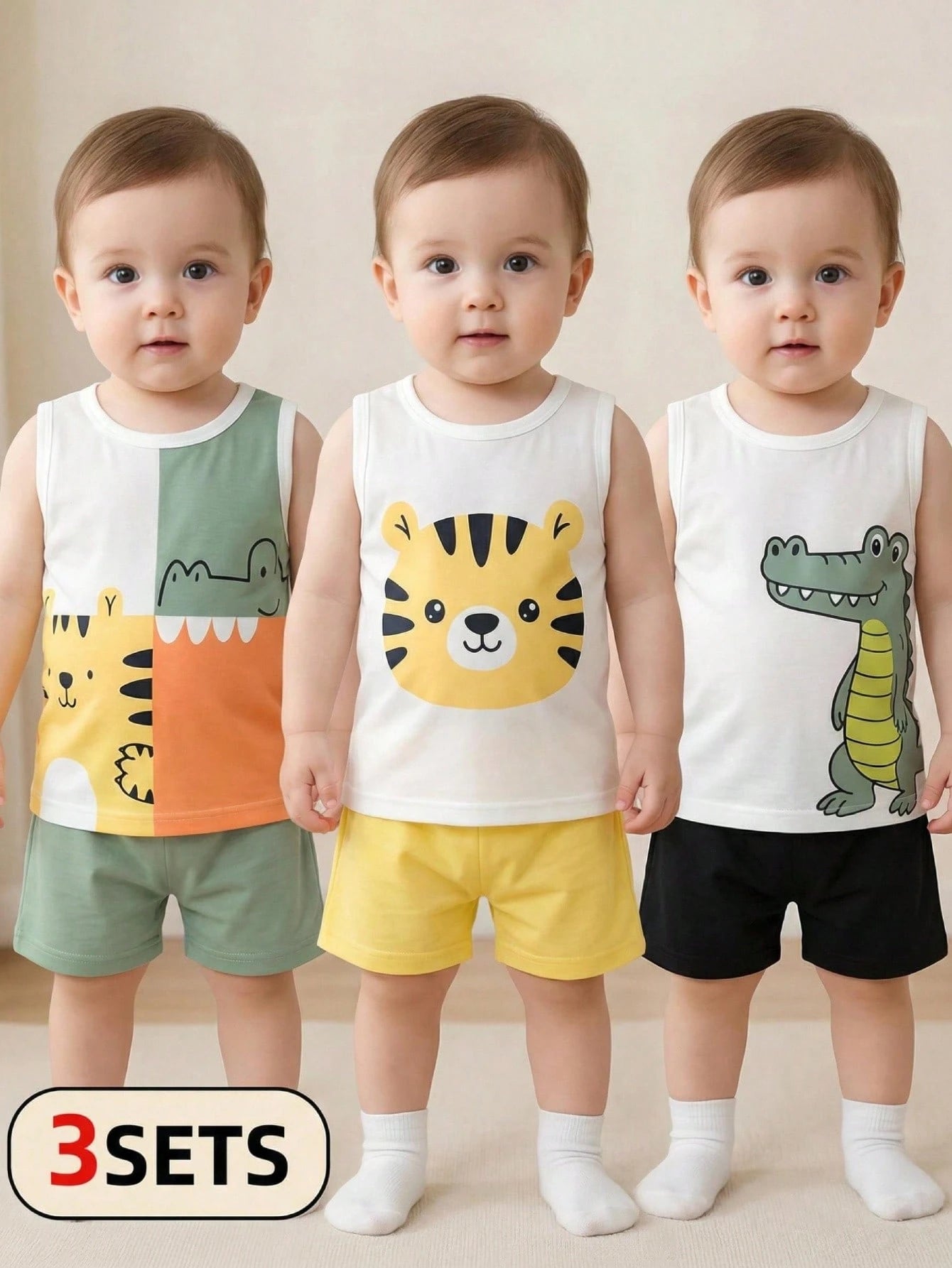3 Sets Baby Boy Street Vacation Fashion Lobster Print Letter Tank Top With Striped Shorts, Red Sun Print Letter Tank Top With Striped Shorts, And Yellow Sun Print Letter Tank Top With Striped Shorts C