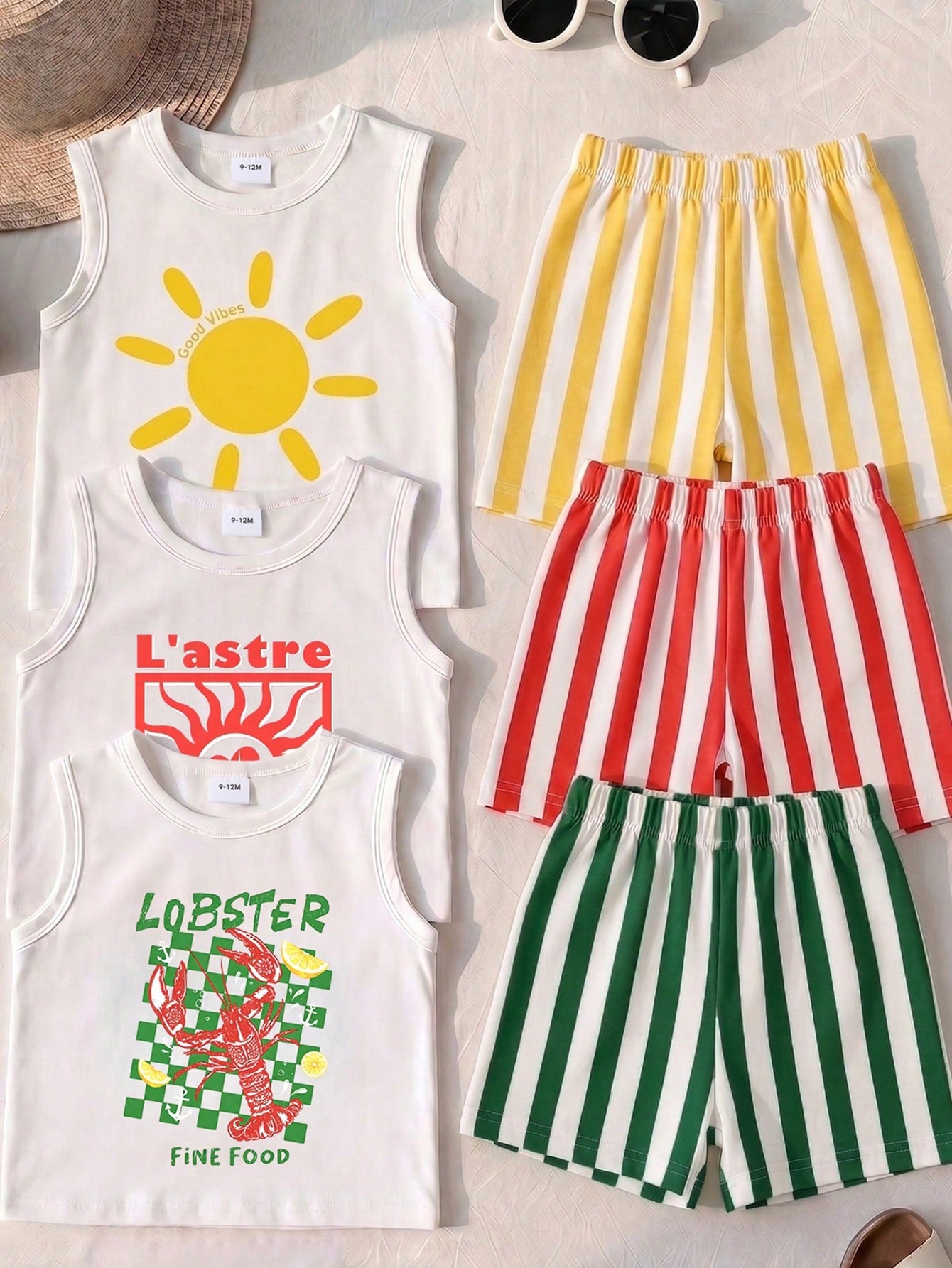 3 Sets Baby Boy Street Vacation Fashion Lobster Print Letter Tank Top With Striped Shorts, Red Sun Print Letter Tank Top With Striped Shorts, And Yellow Sun Print Letter Tank Top With Striped Shorts C