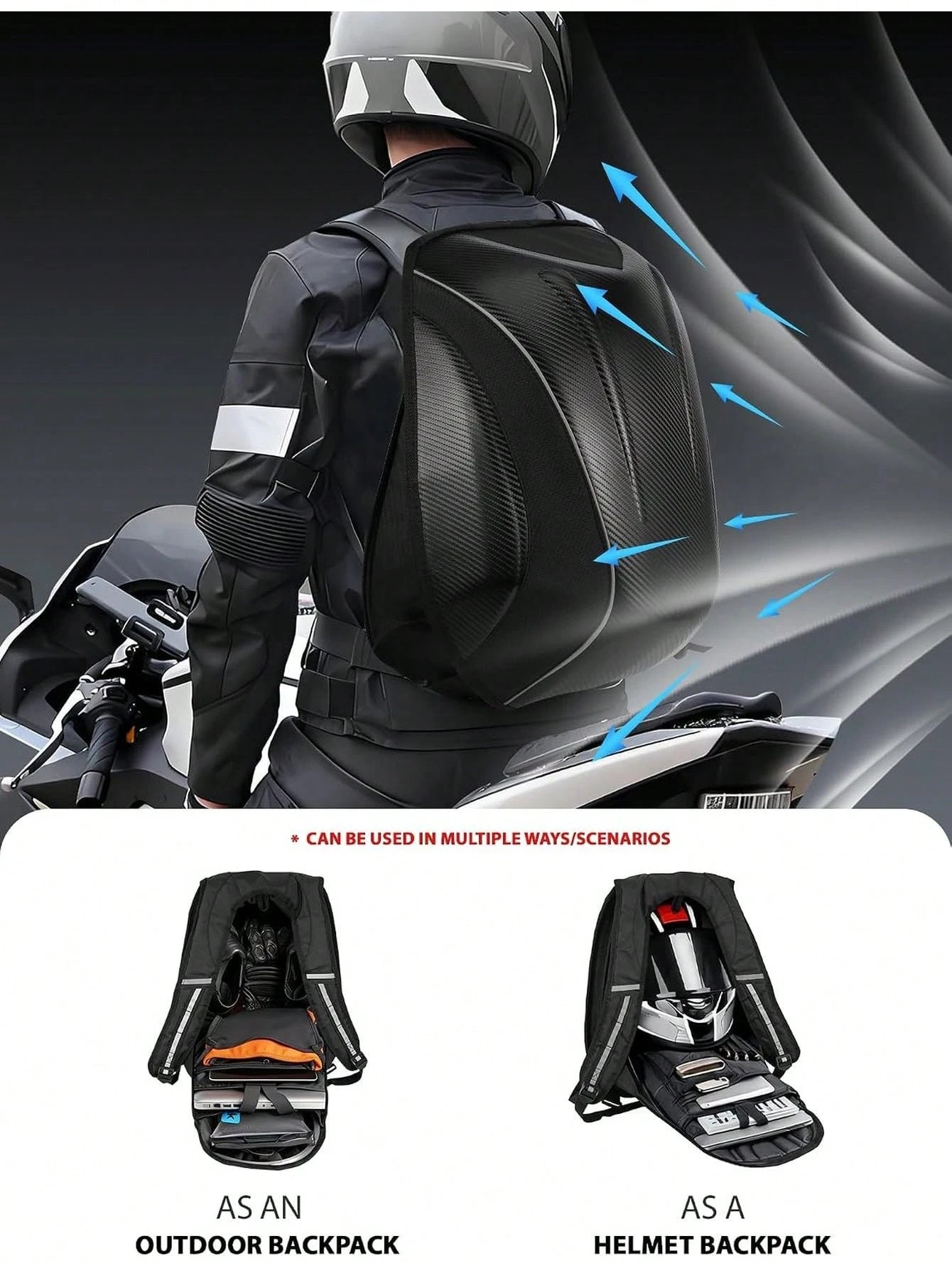 30L Hard Shell Carbon Fiber Pattern Motorcycle Backpack For Men| 30L Capacity Hard Shell Design Waterproof Helmet Backpack, Men's Riding Bag, Suitable For Travel And Daily Storage, Motorcycle Accesso