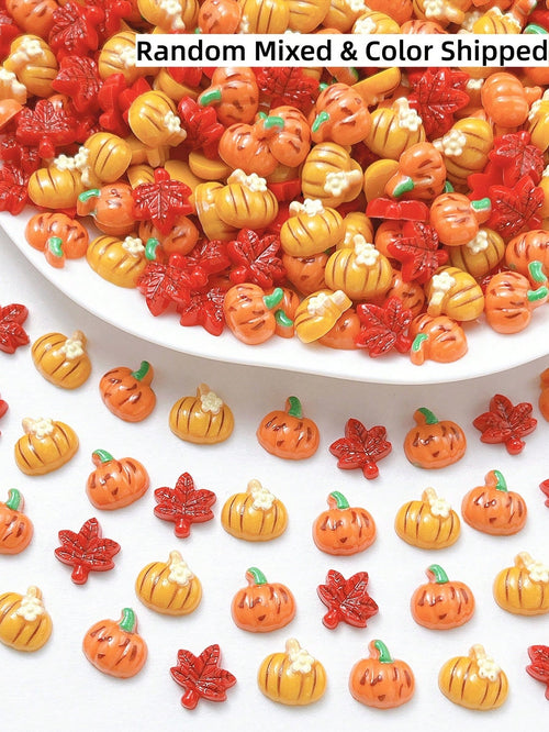 30Pcs Random Mixed ABS Fall Thanksgiving Halloween Pumpkin Maple Leaf Resin Charms, Mini 3D Cute Cartoon Flat Diamond For Nail Art, DIY Crafts, Jewelry Making, Scrapbooking & Holiday Decor