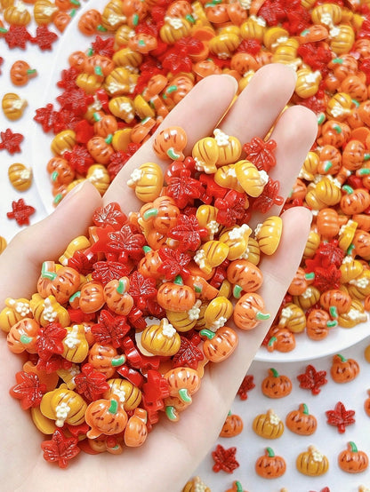 30Pcs Random Mixed ABS Fall Thanksgiving Halloween Pumpkin Maple Leaf Resin Charms, Mini 3D Cute Cartoon Flat Diamond For Nail Art, DIY Crafts, Jewelry Making, Scrapbooking & Holiday Decor