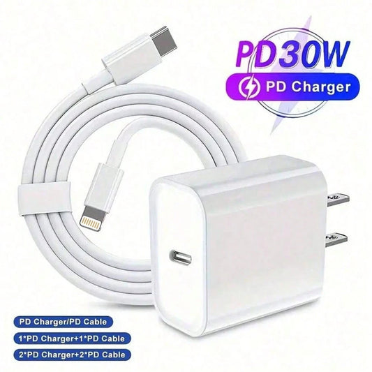 30W Charger Set, 30W Fast Charging Adapter + 6.6ft/200cm High-Efficiency Data Sync Fast Charging Cable, Compatible With Iphone 14/13/12/11 Pro Plus/XS/XR/8/7/9/ Series Wall Charger Set