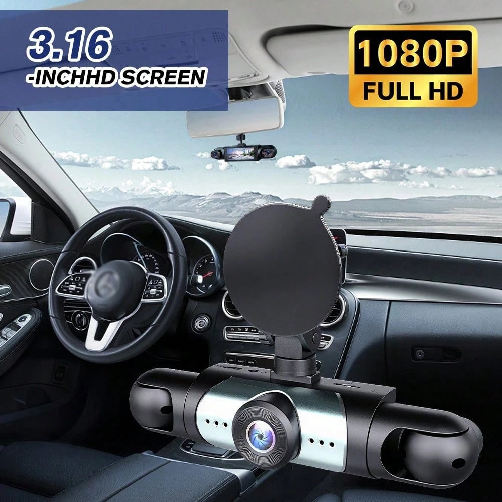 360° 4-Sided Car Dash Cam With Front Left Right Inside Cameras, 1080P Quad Channel Driving Recorder, 64GB Card Included, Night Vision, Motion Detection, Loop Recording, 3.16'' Display