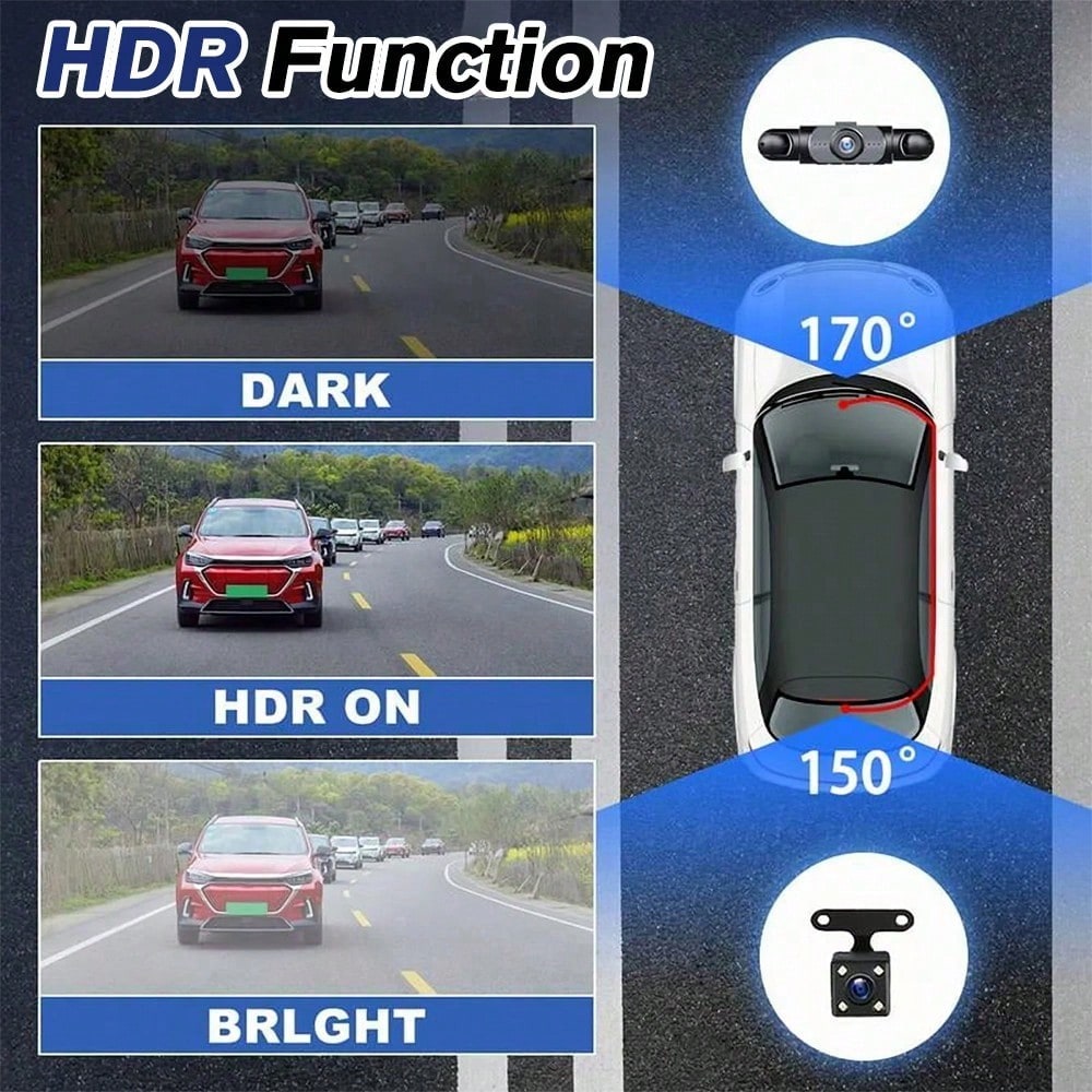 360° 4-Sided Car Dash Cam With Front Left Right Inside Cameras, 1080P Quad Channel Driving Recorder, 64GB Card Included, Night Vision, Motion Detection, Loop Recording, 3.16'' Display