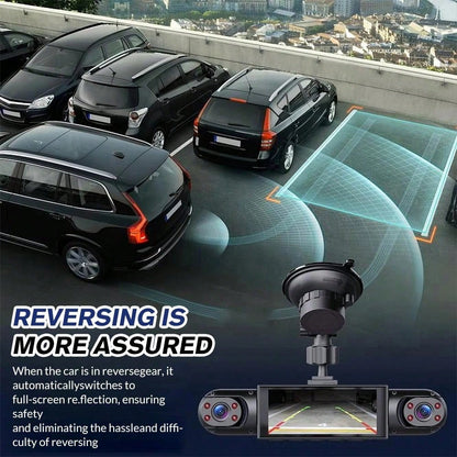 360° 4-Sided Car Dash Cam With Front Left Right Inside Cameras, 1080P Quad Channel Driving Recorder, 64GB Card Included, Night Vision, Motion Detection, Loop Recording, 3.16'' Display
