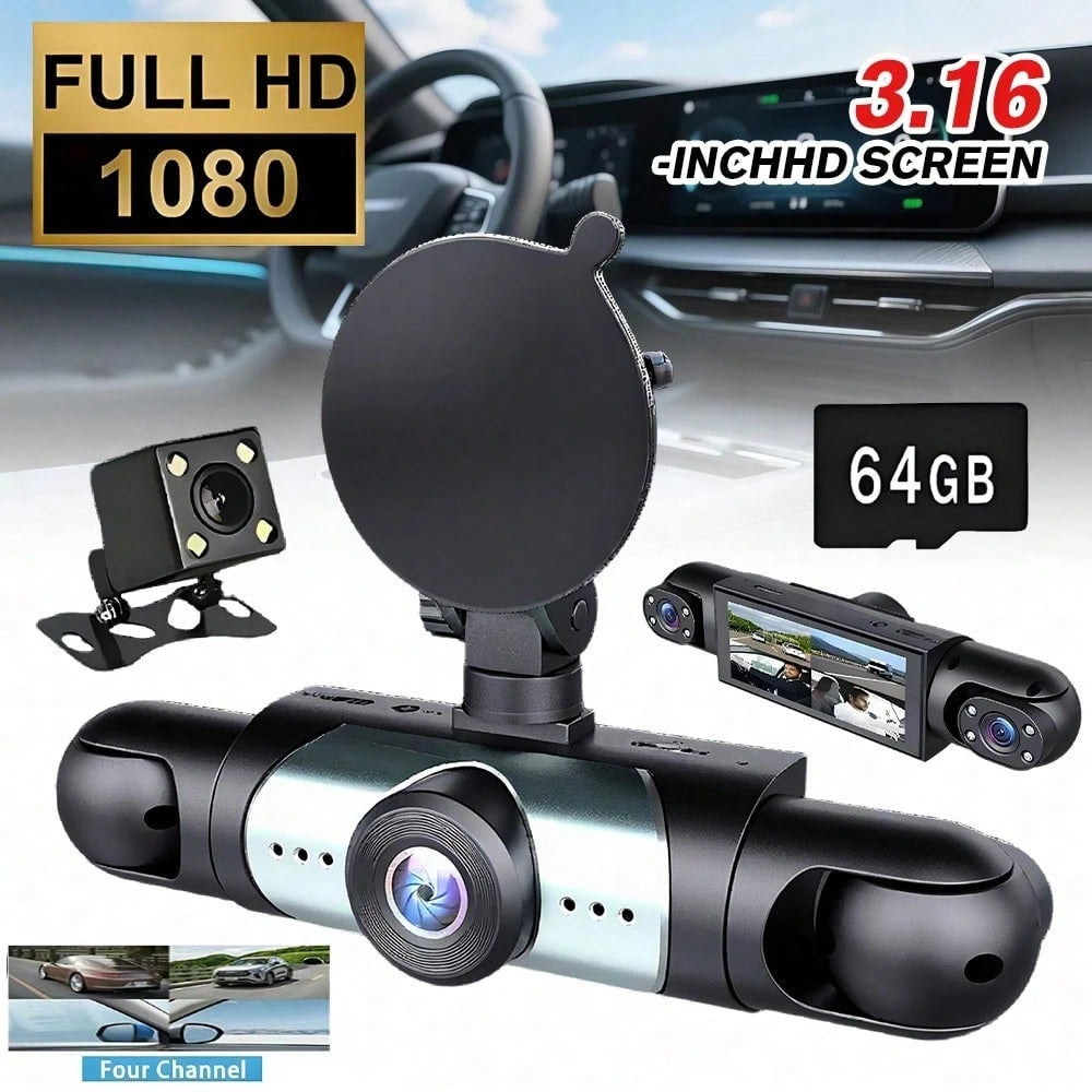 360° 4-Sided Car Dash Cam With Front Left Right Inside Cameras, 1080P Quad Channel Driving Recorder, 64GB Card Included, Night Vision, Motion Detection, Loop Recording, 3.16'' Display