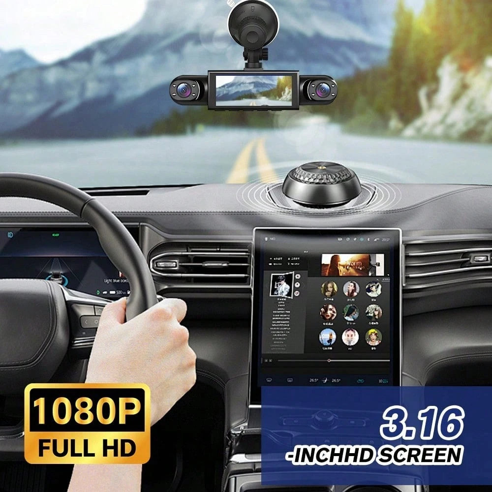 360° 4-Sided Car Dash Cam With Front Left Right Inside Cameras, 1080P Quad Channel Driving Recorder, 64GB Card Included, Night Vision, Motion Detection, Loop Recording, 3.16'' Display