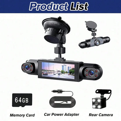 360° 4-Sided Car Dash Cam With Front Left Right Inside Cameras, 1080P Quad Channel Driving Recorder, 64GB Card Included, Night Vision, Motion Detection, Loop Recording, 3.16'' Display