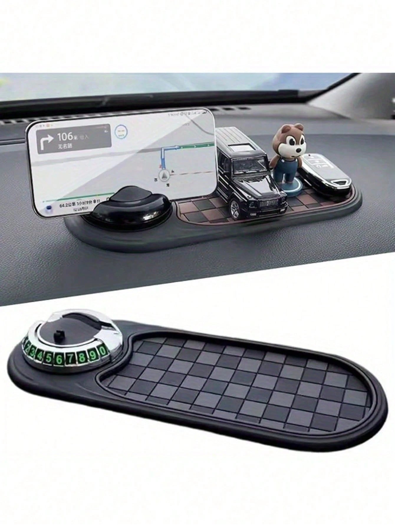 360° Rotating Military-Grade Car Anti-Slip Mat- Universal Phone Holder, Hidden Parking Permit Holder, Heat-Resistant Dashboard Storage Tray, Holds Keys/Phone/Navigation, Silicone Non-Slip Pad, Strong