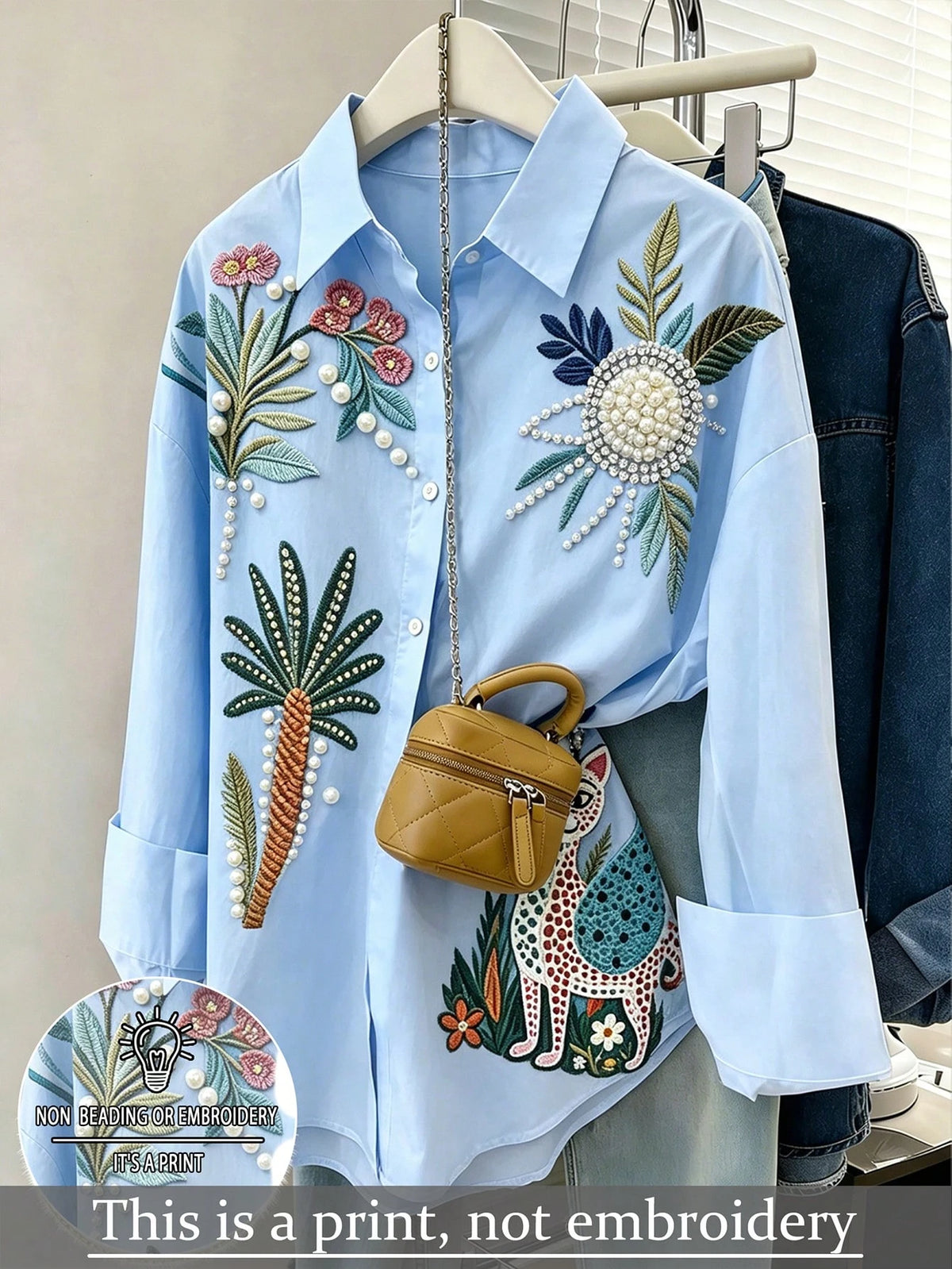 3D Faux Pearl Flower Printed Women Blouse