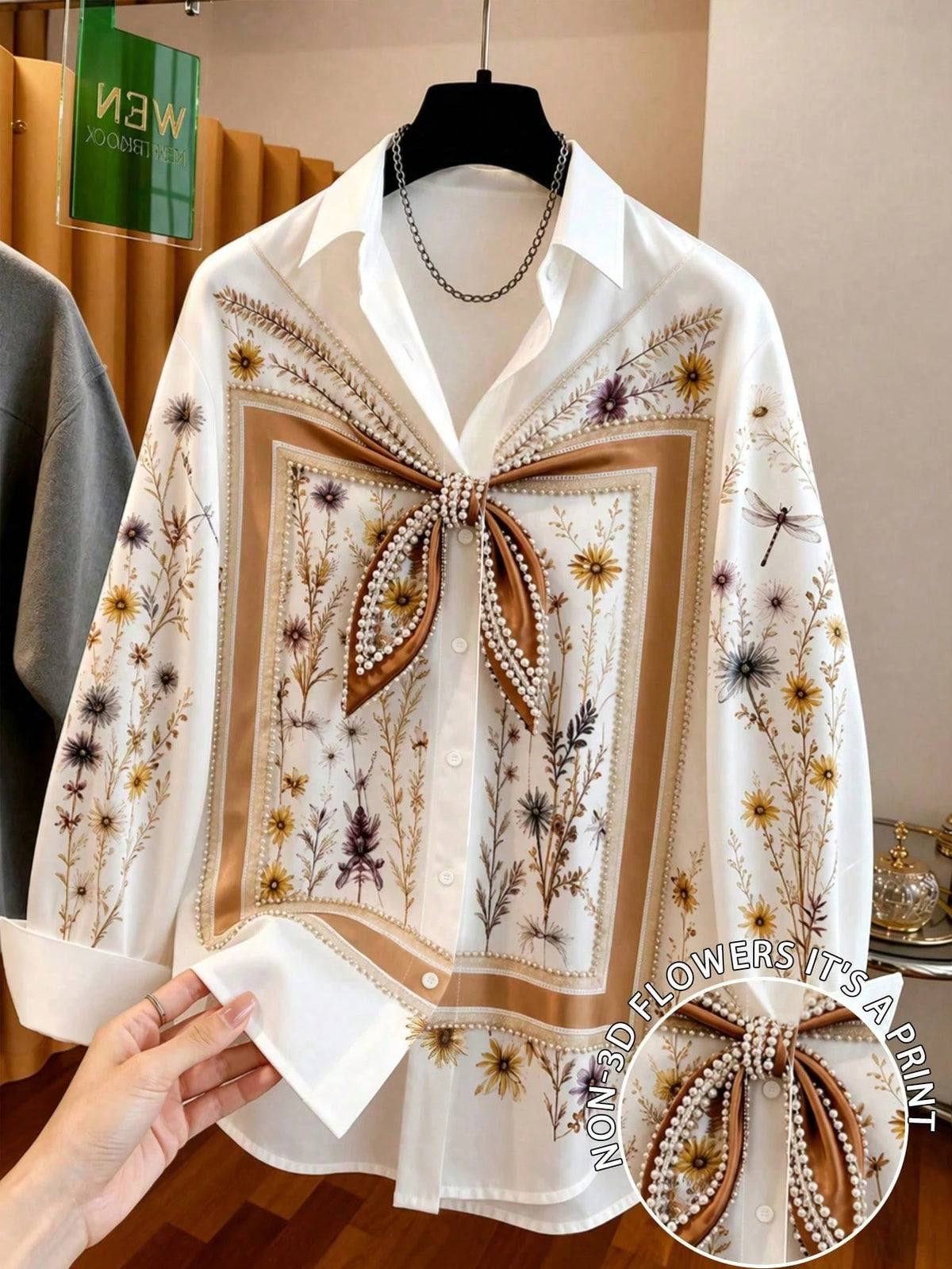 3D Faux Pearl Flower Printed Women Blouse