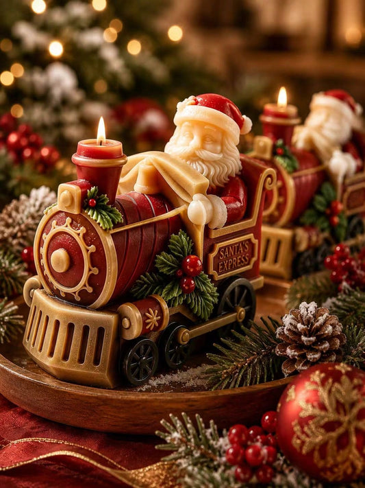 3D Santa Claus Express Steam Train Silicone Candle Mold, Vintage Locomotive Design With Embossed Santa, Holly Red Berries, And "SANTA'S EXPRESS" Text Details, Heat-Resistant Flexible Non-Stick Silicon
