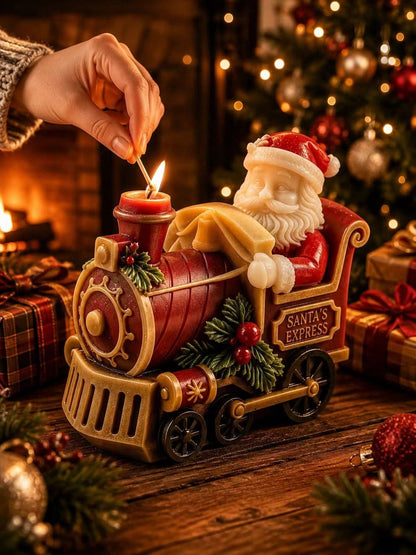 3D Santa Claus Express Steam Train Silicone Candle Mold, Vintage Locomotive Design With Embossed Santa, Holly Red Berries, And "SANTA'S EXPRESS" Text Details, Heat-Resistant Flexible Non-Stick Silicon