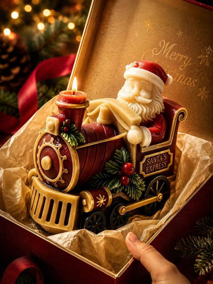 3D Santa Claus Express Steam Train Silicone Candle Mold, Vintage Locomotive Design With Embossed Santa, Holly Red Berries, And "SANTA'S EXPRESS" Text Details, Heat-Resistant Flexible Non-Stick Silicon