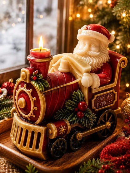 3D Santa Claus Express Steam Train Silicone Candle Mold, Vintage Locomotive Design With Embossed Santa, Holly Red Berries, And "SANTA'S EXPRESS" Text Details, Heat-Resistant Flexible Non-Stick Silicon