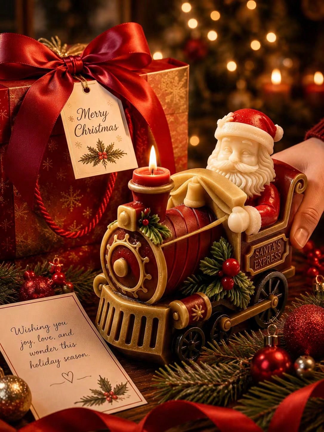 3D Santa Claus Express Steam Train Silicone Candle Mold, Vintage Locomotive Design With Embossed Santa, Holly Red Berries, And "SANTA'S EXPRESS" Text Details, Heat-Resistant Flexible Non-Stick Silicon