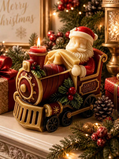 3D Santa Claus Express Steam Train Silicone Candle Mold, Vintage Locomotive Design With Embossed Santa, Holly Red Berries, And "SANTA'S EXPRESS" Text Details, Heat-Resistant Flexible Non-Stick Silicon