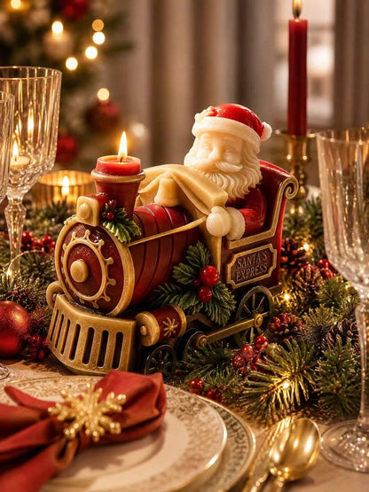 3D Santa Claus Express Steam Train Silicone Candle Mold, Vintage Locomotive Design With Embossed Santa, Holly Red Berries, And "SANTA'S EXPRESS" Text Details, Heat-Resistant Flexible Non-Stick Silicon
