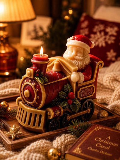 3D Santa Claus Express Steam Train Silicone Candle Mold, Vintage Locomotive Design With Embossed Santa, Holly Red Berries, And "SANTA'S EXPRESS" Text Details, Heat-Resistant Flexible Non-Stick Silicon