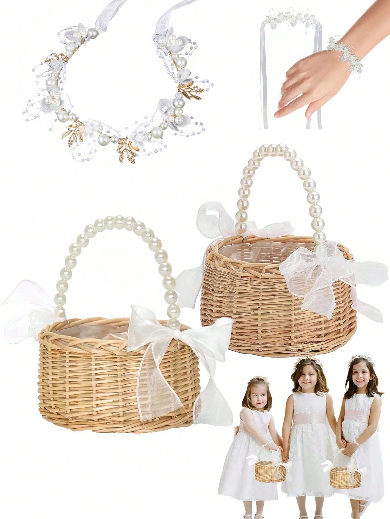 3pcs/1set-Woven Rattan Flower Girl Basket With Headpiece Bracelet Set Elegant Handcrafted Rustic Style Flower Basket Willow Woven Basket With Pearl Handle And Bow Fairy Basket Wedding Flower Girl Hair