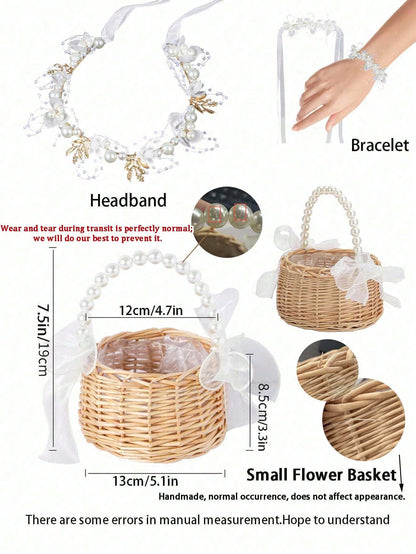 3pcs/1set-Woven Rattan Flower Girl Basket With Headpiece Bracelet Set Elegant Handcrafted Rustic Style Flower Basket Willow Woven Basket With Pearl Handle And Bow Fairy Basket Wedding Flower Girl Hair