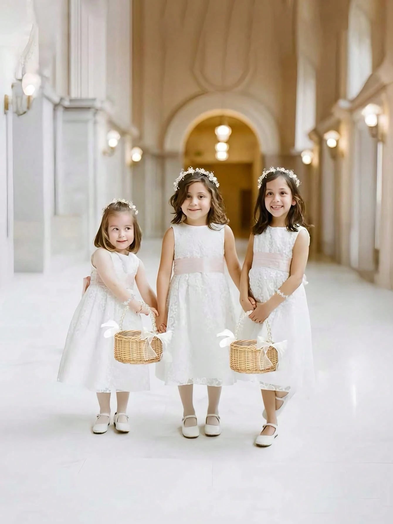3pcs/1set-Woven Rattan Flower Girl Basket With Headpiece Bracelet Set Elegant Handcrafted Rustic Style Flower Basket Willow Woven Basket With Pearl Handle And Bow Fairy Basket Wedding Flower Girl Hair