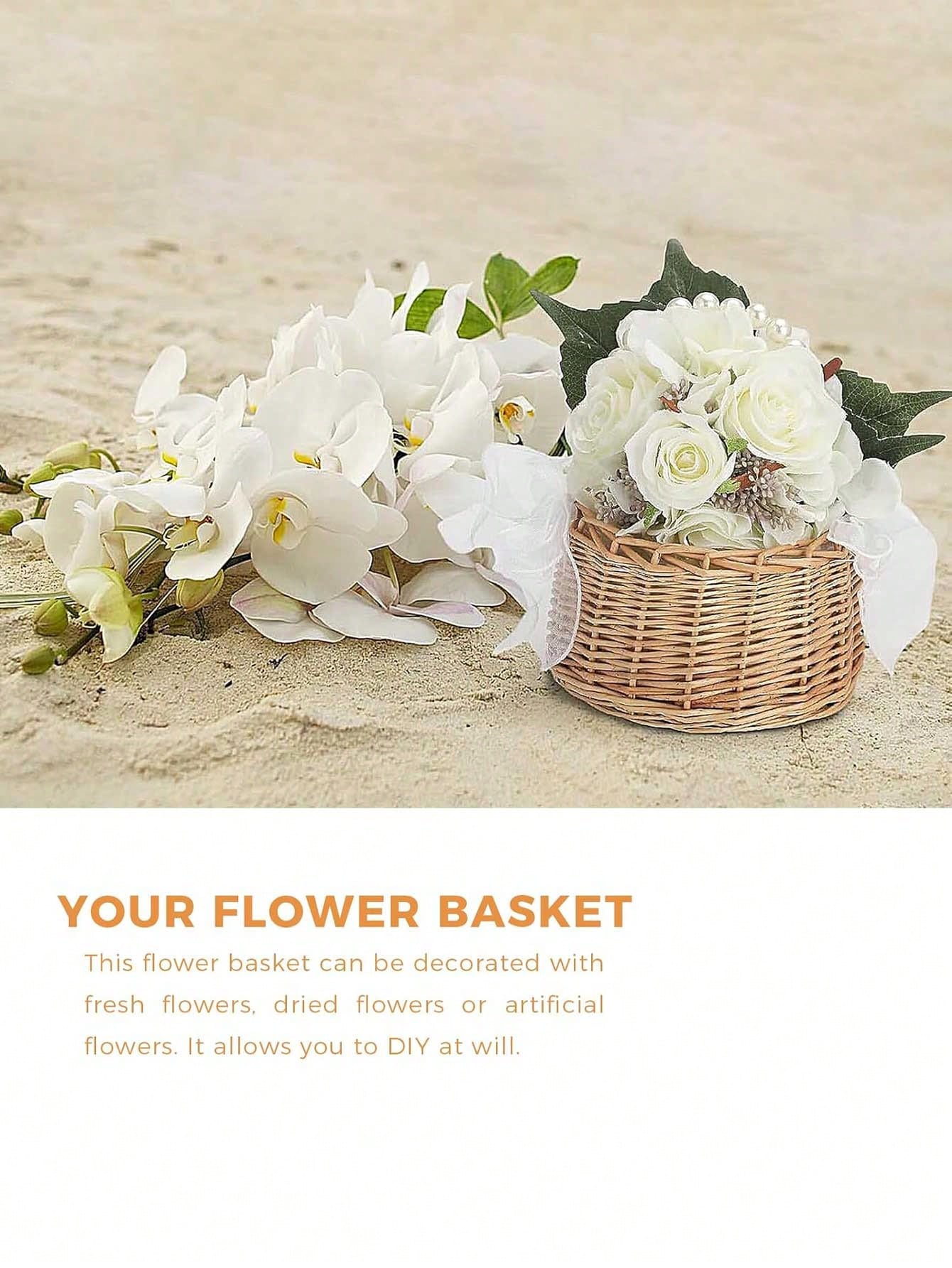 3pcs/1set-Woven Rattan Flower Girl Basket With Headpiece Bracelet Set Elegant Handcrafted Rustic Style Flower Basket Willow Woven Basket With Pearl Handle And Bow Fairy Basket Wedding Flower Girl Hair