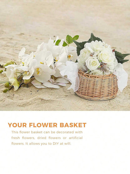 3pcs/1set-Woven Rattan Flower Girl Basket With Headpiece Bracelet Set Elegant Handcrafted Rustic Style Flower Basket Willow Woven Basket With Pearl Handle And Bow Fairy Basket Wedding Flower Girl Hair