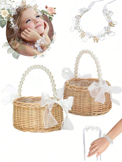 3pcs/1set-Woven Rattan Flower Girl Basket With Headpiece Bracelet Set Elegant Handcrafted Rustic Style Flower Basket Willow Woven Basket With Pearl Handle And Bow Fairy Basket Wedding Flower Girl Hair