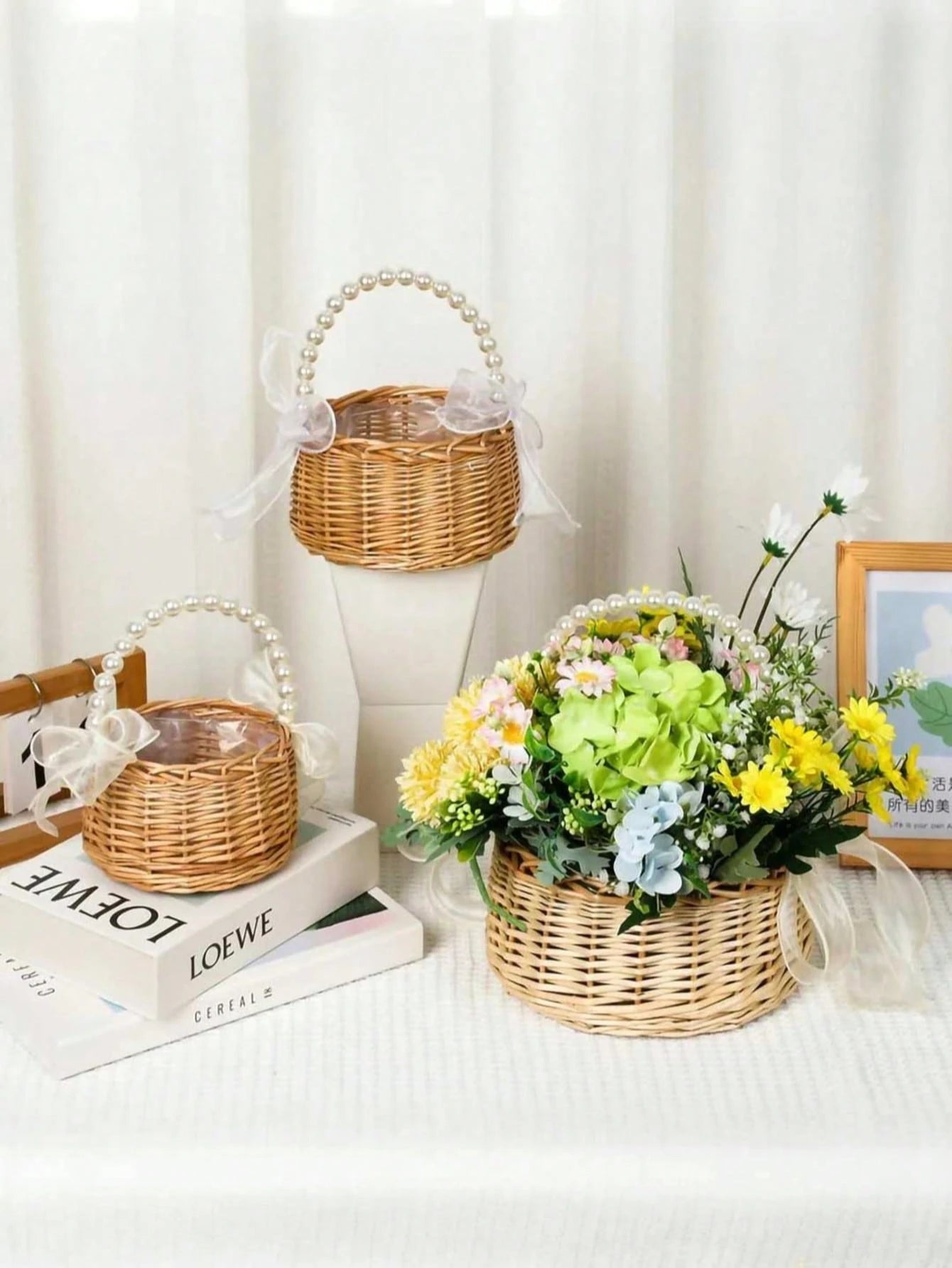 3pcs/1set-Woven Rattan Flower Girl Basket With Headpiece Bracelet Set Elegant Handcrafted Rustic Style Flower Basket Willow Woven Basket With Pearl Handle And Bow Fairy Basket Wedding Flower Girl Hair