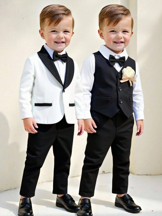 3pcs Baby Boy Gentleman Outfit Set: Colorblock Black & White Suit Jacket, Shirt, And Elastic Waist Pants