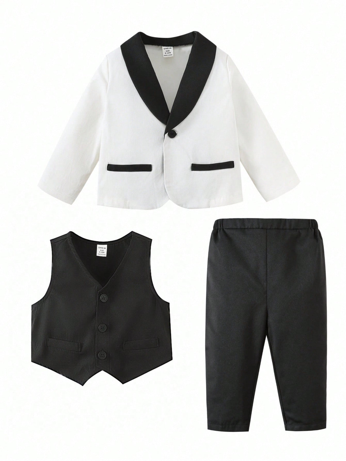 3pcs Baby Boy Gentleman Outfit Set: Colorblock Black & White Suit Jacket, Shirt, And Elastic Waist Pants