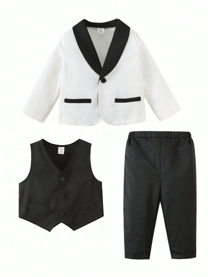 3pcs Baby Boy Gentleman Outfit Set: Colorblock Black & White Suit Jacket, Shirt, And Elastic Waist Pants