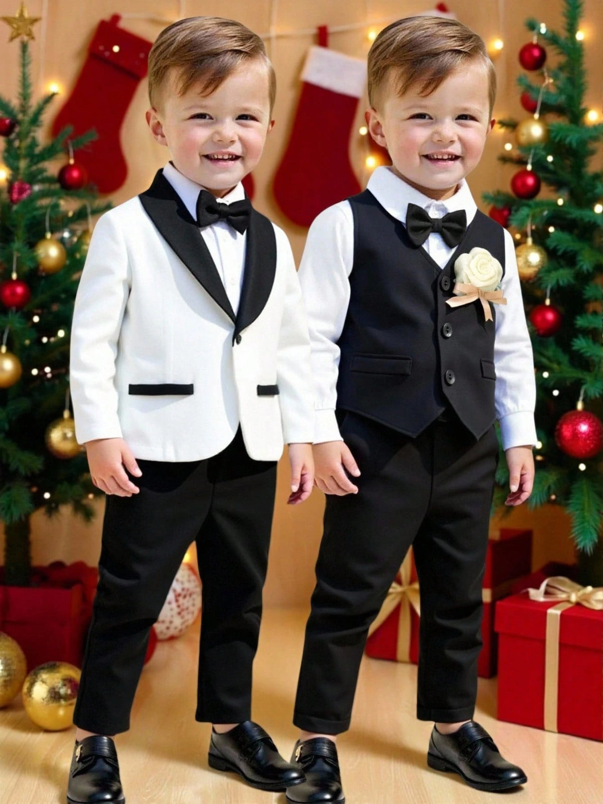 3pcs Baby Boy Gentleman Outfit Set: Colorblock Black & White Suit Jacket, Shirt, And Elastic Waist Pants