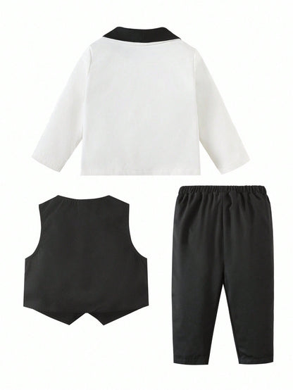 3pcs Baby Boy Gentleman Outfit Set: Colorblock Black & White Suit Jacket, Shirt, And Elastic Waist Pants