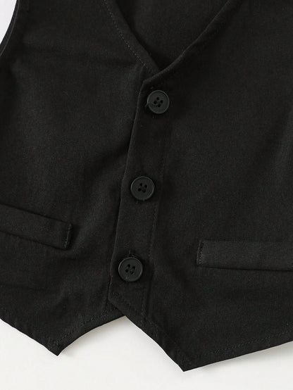 3pcs Baby Boy Gentleman Outfit Set: Colorblock Black & White Suit Jacket, Shirt, And Elastic Waist Pants