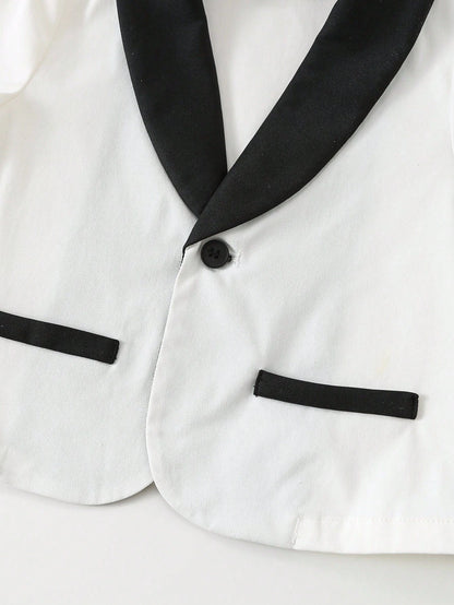 3pcs Baby Boy Gentleman Outfit Set: Colorblock Black & White Suit Jacket, Shirt, And Elastic Waist Pants