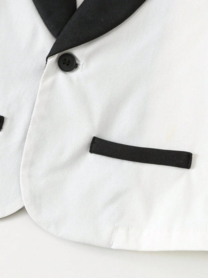 3pcs Baby Boy Gentleman Outfit Set: Colorblock Black & White Suit Jacket, Shirt, And Elastic Waist Pants