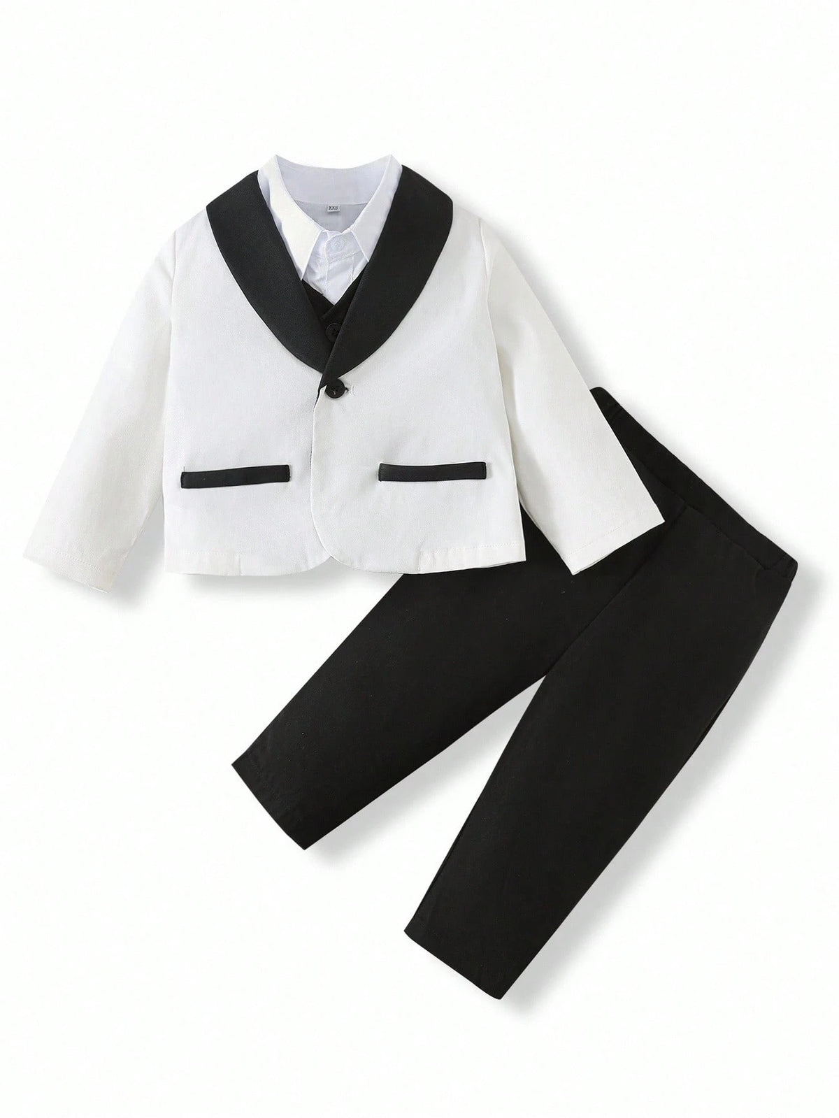 3pcs Baby Boy Gentleman Outfit Set: Colorblock Black & White Suit Jacket, Shirt, And Elastic Waist Pants