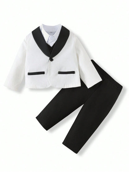 3pcs Baby Boy Gentleman Outfit Set: Colorblock Black & White Suit Jacket, Shirt, And Elastic Waist Pants