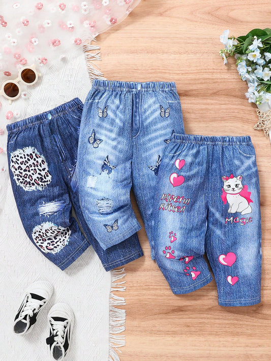3pcs Baby Girl Fashionable Cute Print Elastic Comfortable Pants Set Graduation Navy Blue Aqua Blue Blue Autumn Casual Cute