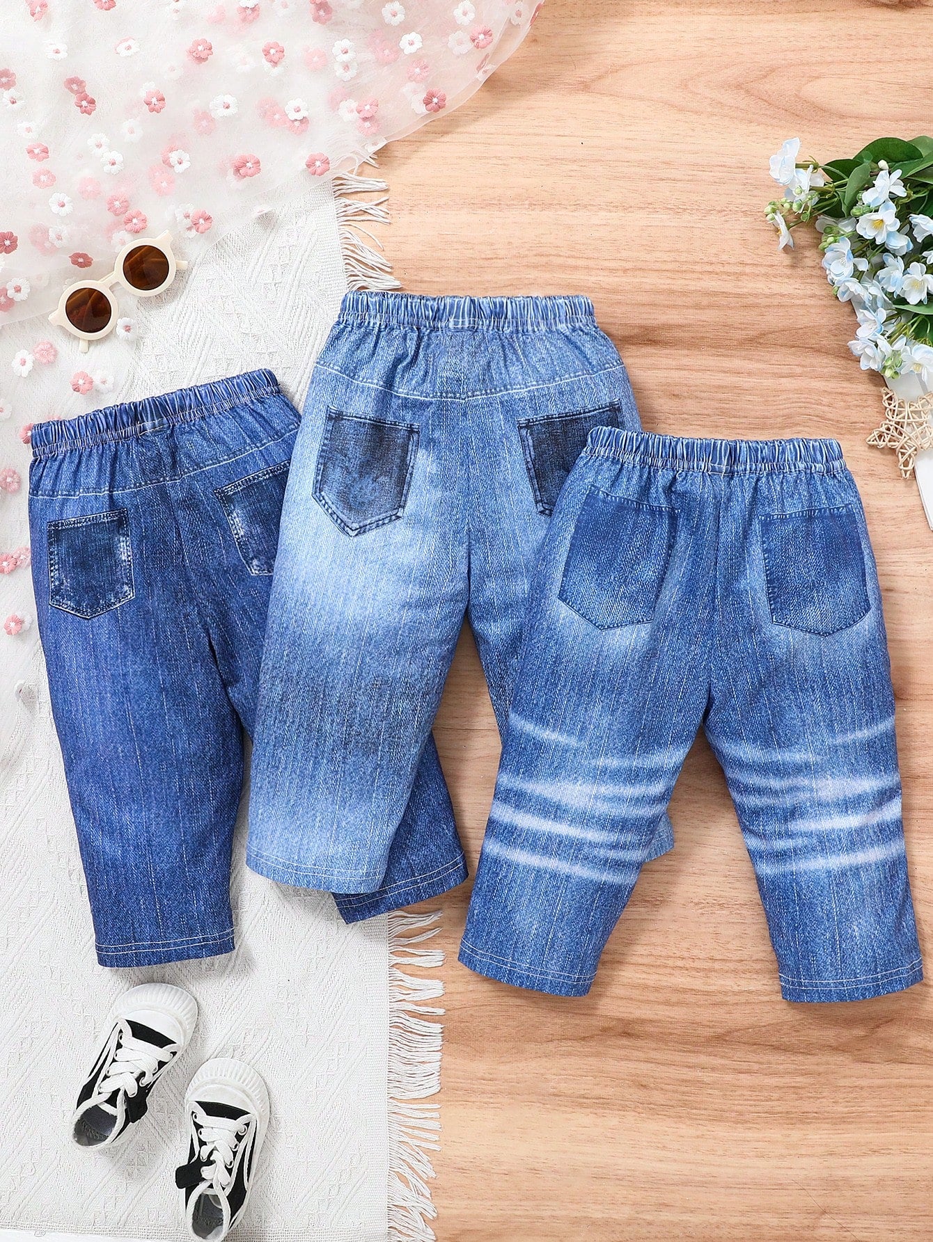 3pcs Baby Girl Fashionable Cute Print Elastic Comfortable Pants Set Graduation Navy Blue Aqua Blue Blue Autumn Casual Cute